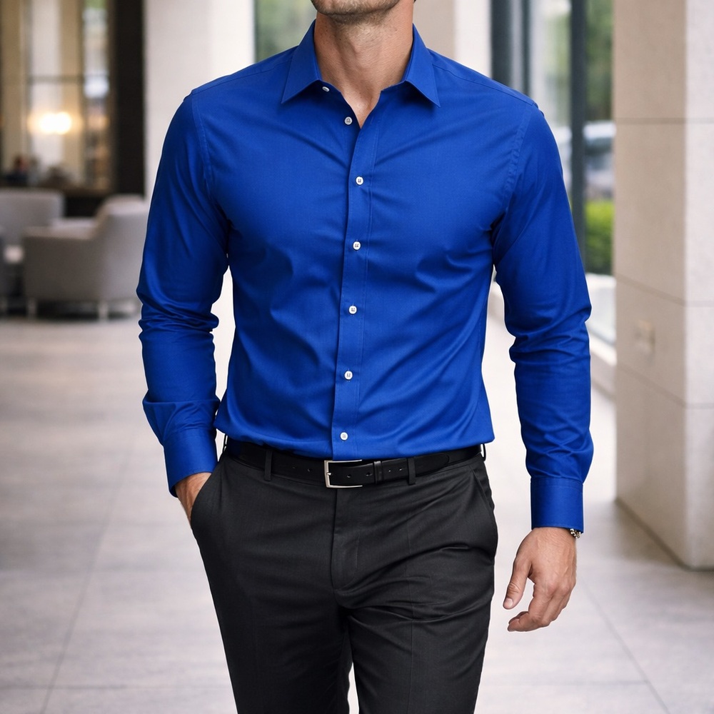 Red House Slim Fit Blue Long Sleeve Button Front Dress Shirt Men's Large L